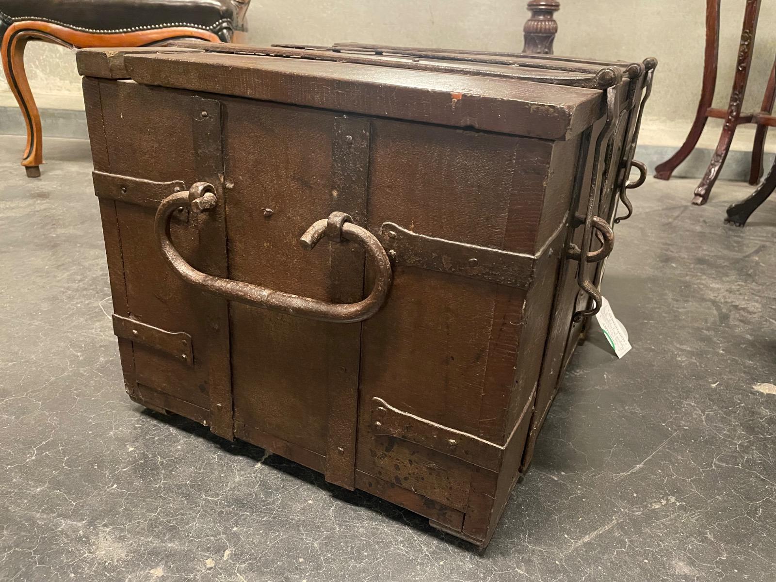 18th century oak with wrought iron money box. 62x45x40H cm 