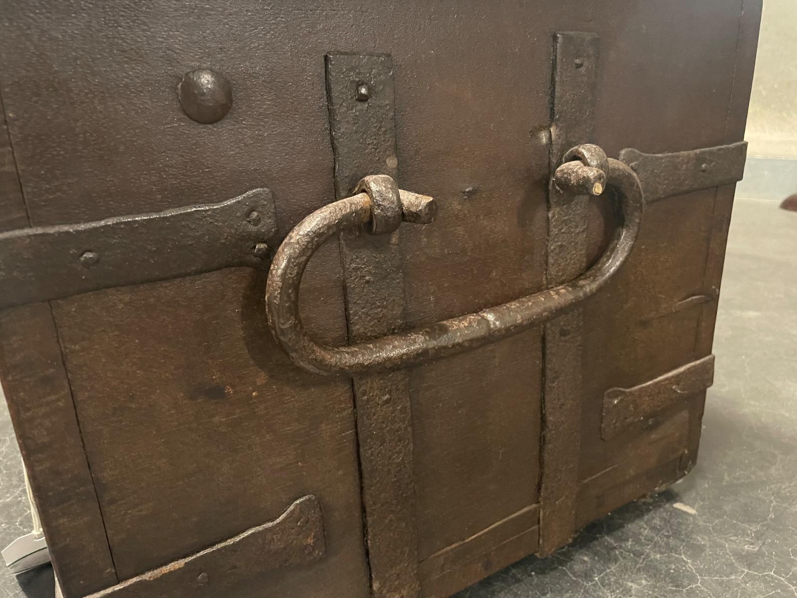 18th century oak with wrought iron money box. 62x45x40H cm 