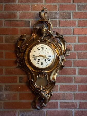 19th C. bronze gilded L.XV style cartel clock by Jollet & Cie, 45x15x78h cm