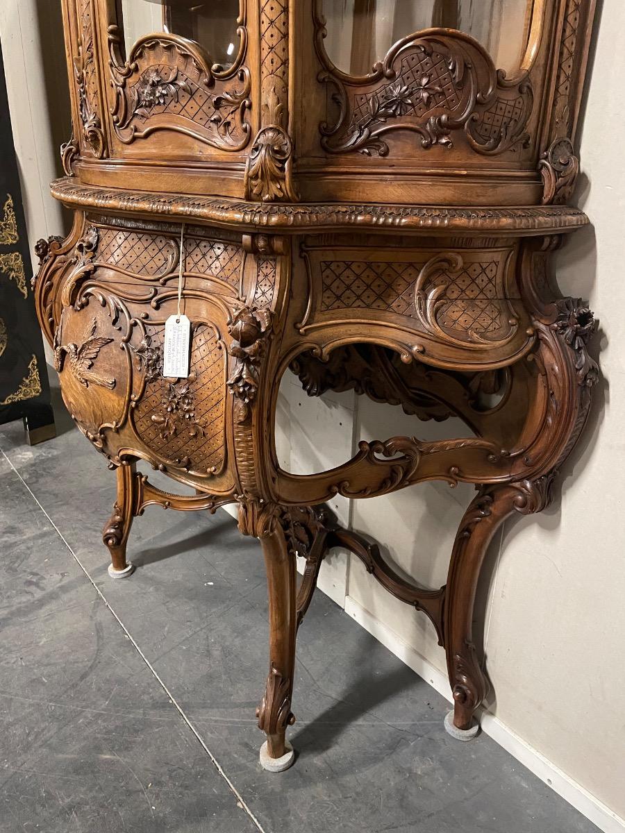 Beautiful Louis XV style walnut carved vitrine. 223 cm high