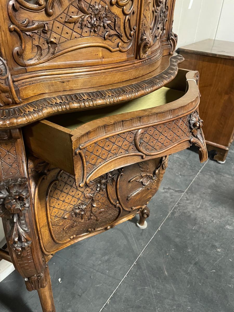 Beautiful Louis XV style walnut carved vitrine. 223 cm high