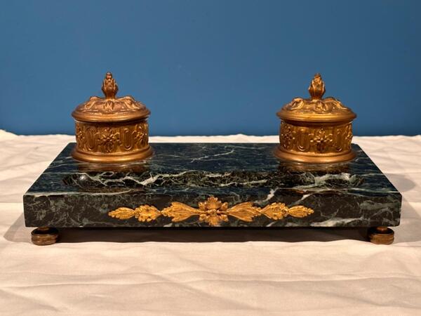 Bronze & Marble Inkwell Desk Set