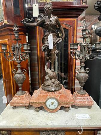 Bronze marble clock set, signed Gaudez. 70 cm high