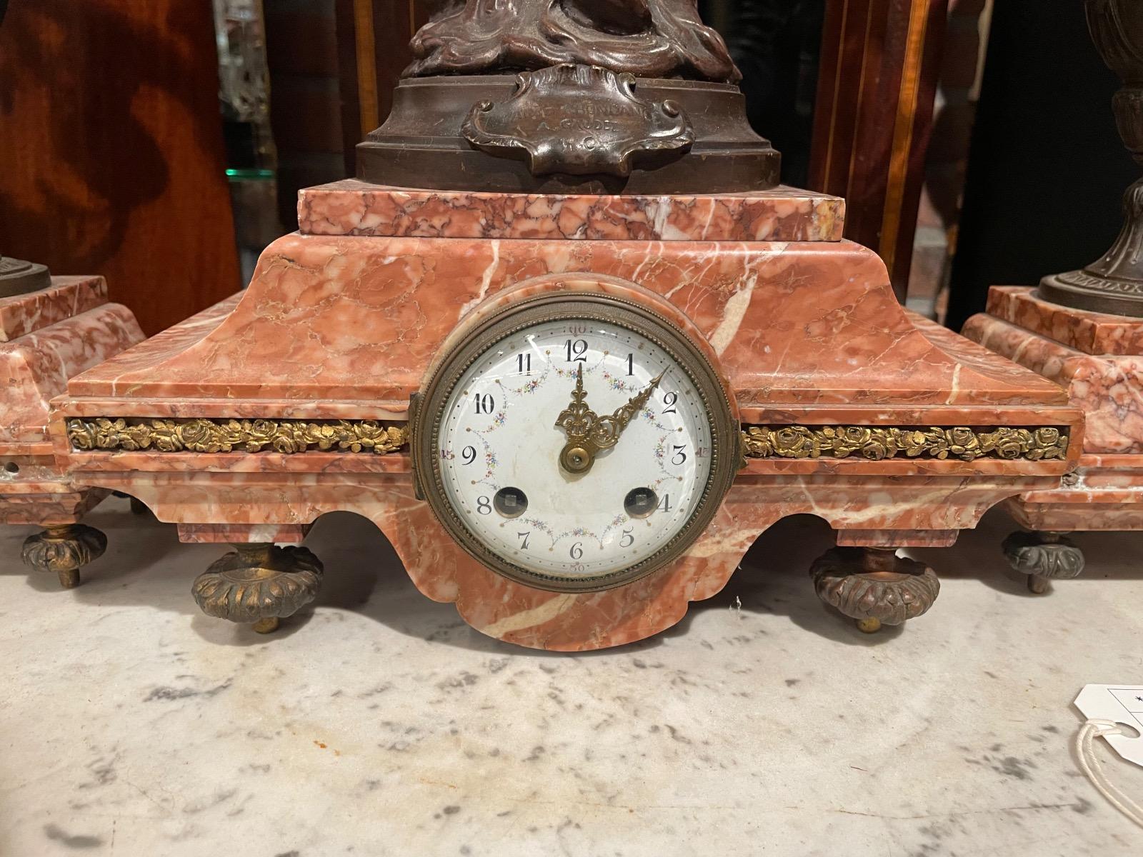 Bronze marble clock set, signed Gaudez. 70 cm high