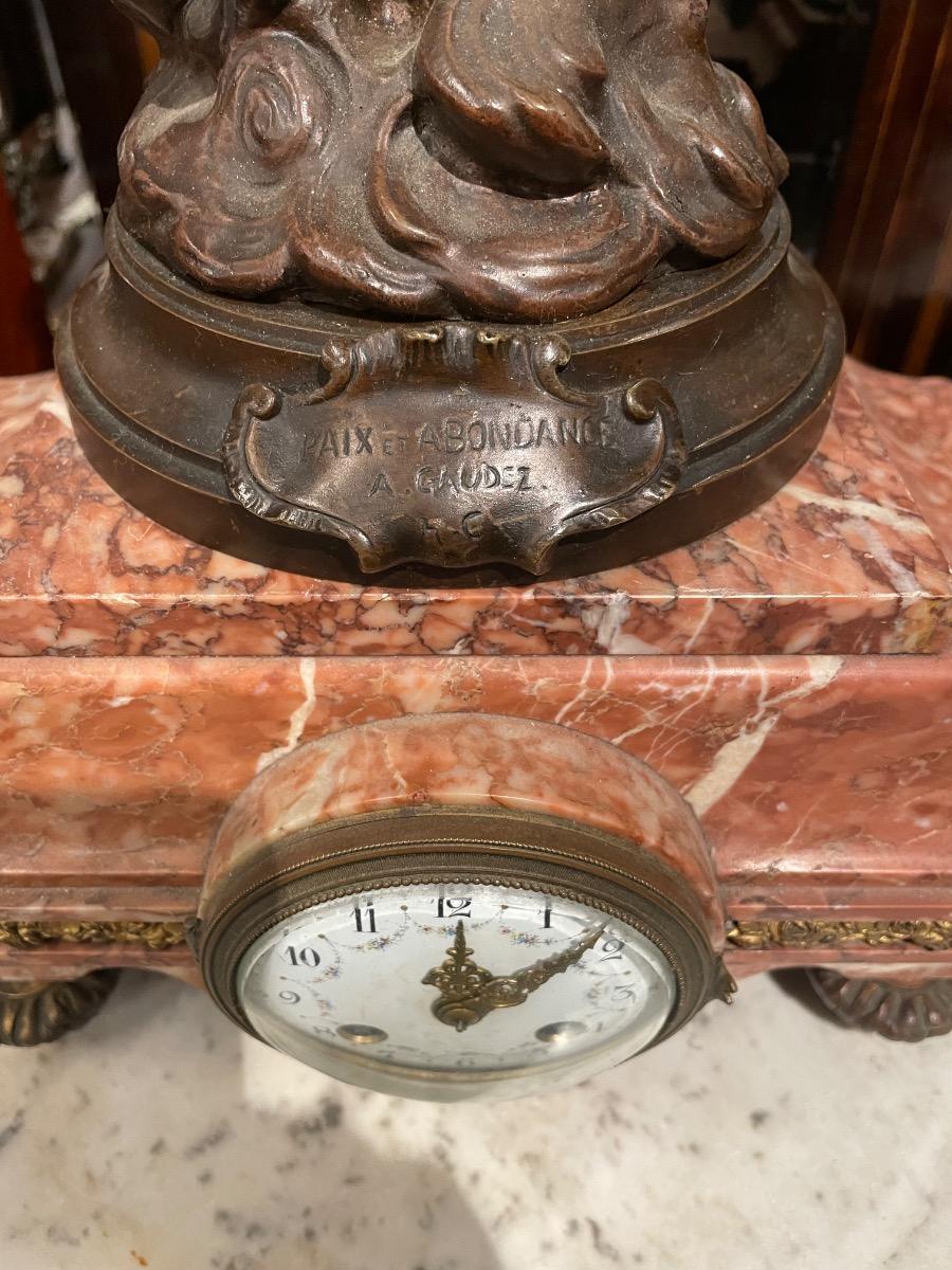 Bronze marble clock set, signed Gaudez. 70 cm high