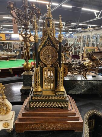 Bronze neo gothic cathedral clock with bell in top and gong in base. 64 cm tall