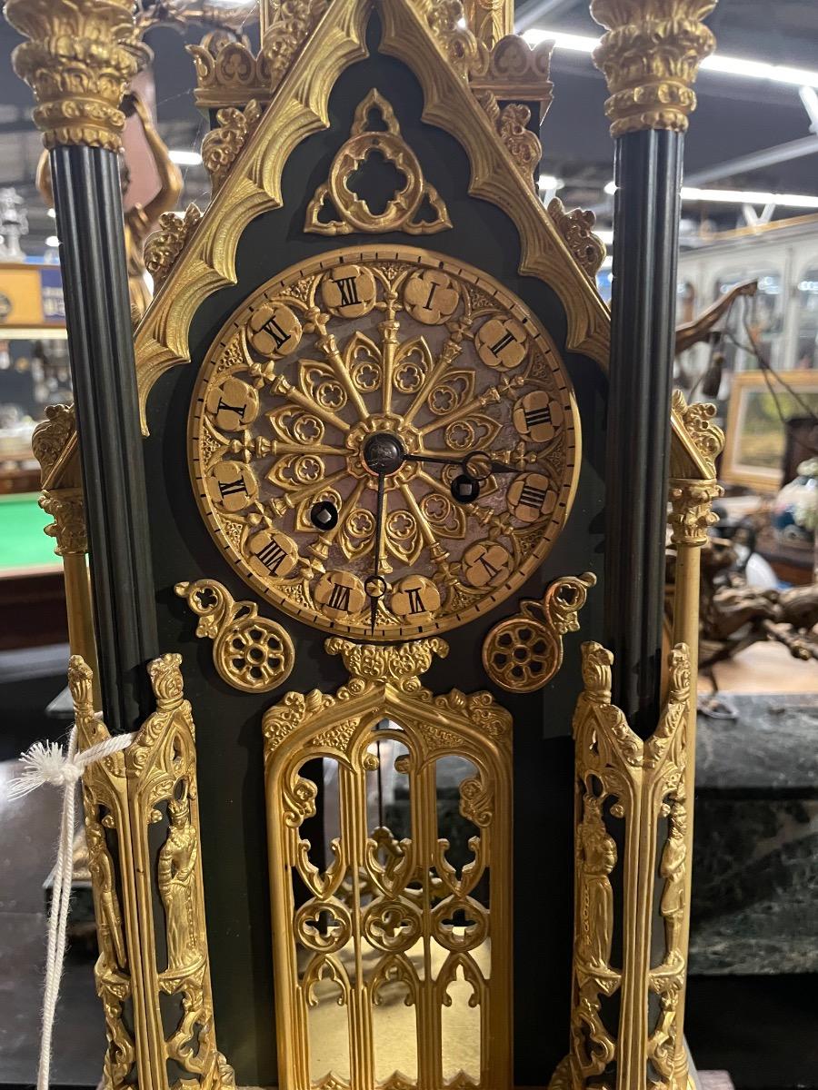 Bronze neo gothic cathedral clock with bell in top and gong in base. 64 cm tall