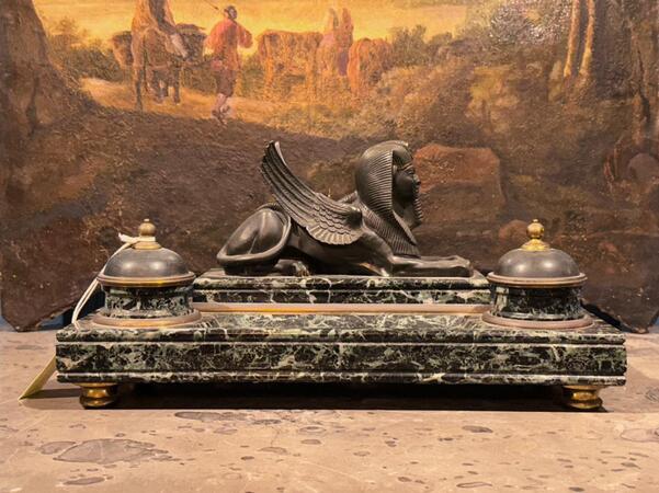 Egyptian Revival Bronze & Marble Inkwell Desk Set, 41x19x21h cm