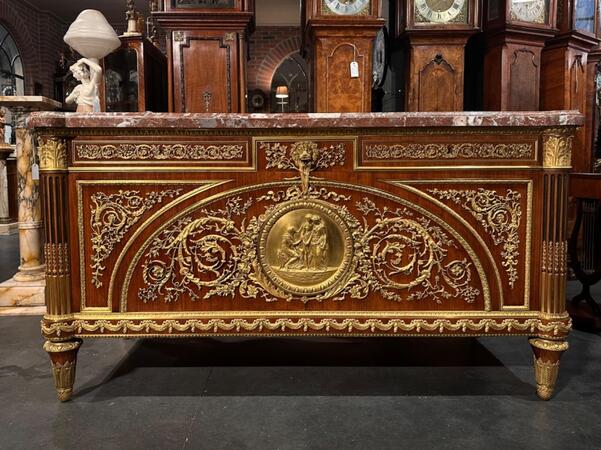 French early 20th C. Gilded Bronze mounted L. XVI style commode à portes after Guillaume Beneman, 75x182x97H cm