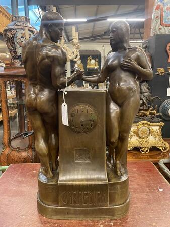 Impressive Terracota Adam & Eve Lenzkirch signed clock, 45x23x87h cm