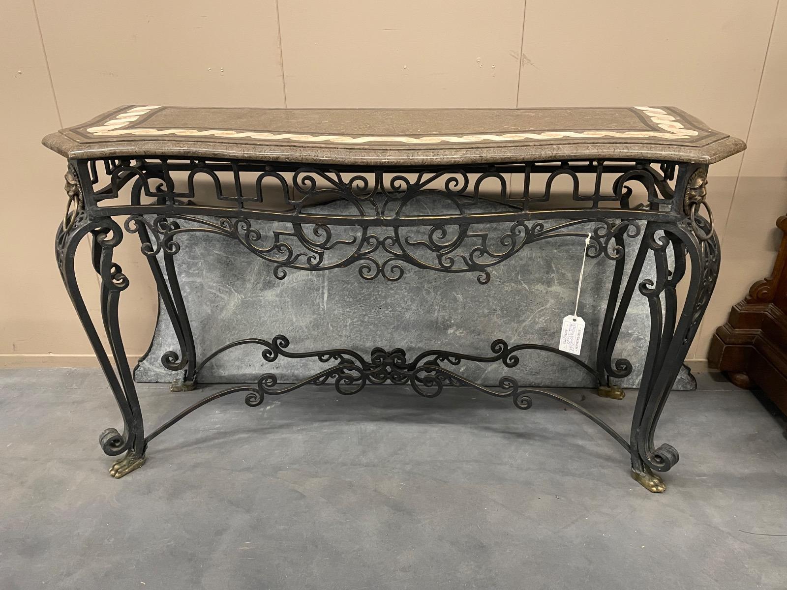 Iron painted marble top console table 