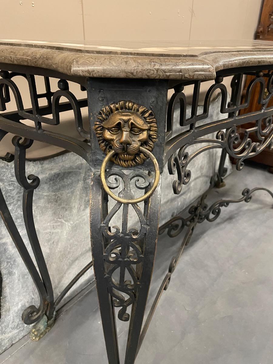 Iron painted marble top console table 