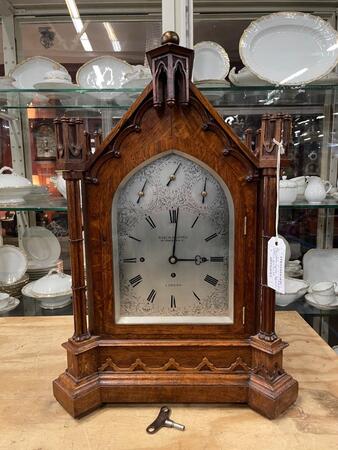 Oak gothic style table clock with chime on 8 bells, 46x28x66H cm